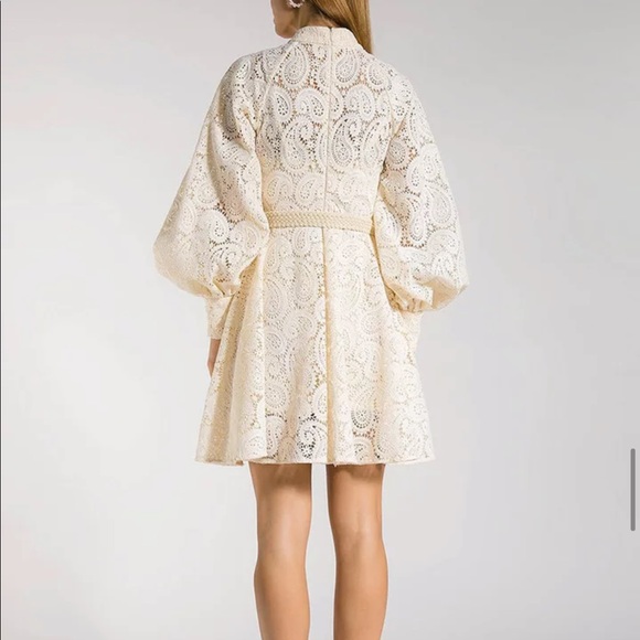 Embroidey Beige Dress Lantern Puff Sleeve Dress - Picture 10 of 16